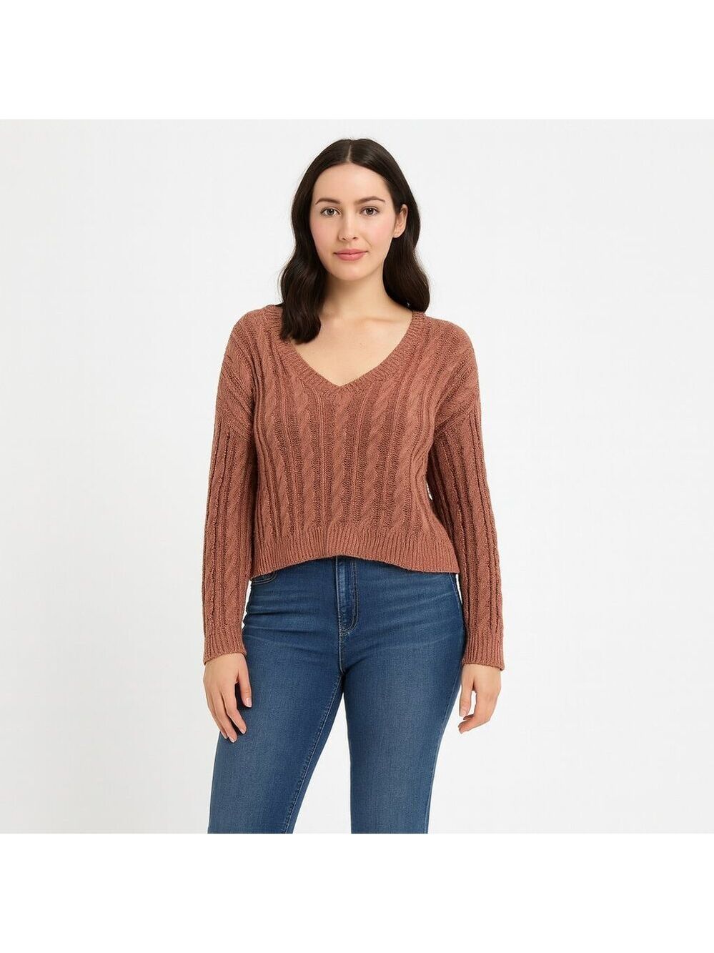 Elizabeth & James Cable Knit Sweater XS Brown Crew Neck Cozycore Chiccore